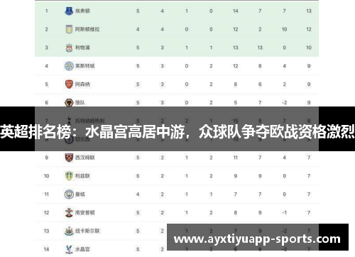 英超排名榜：水晶宫高居中游，众球队争夺欧战资格激烈